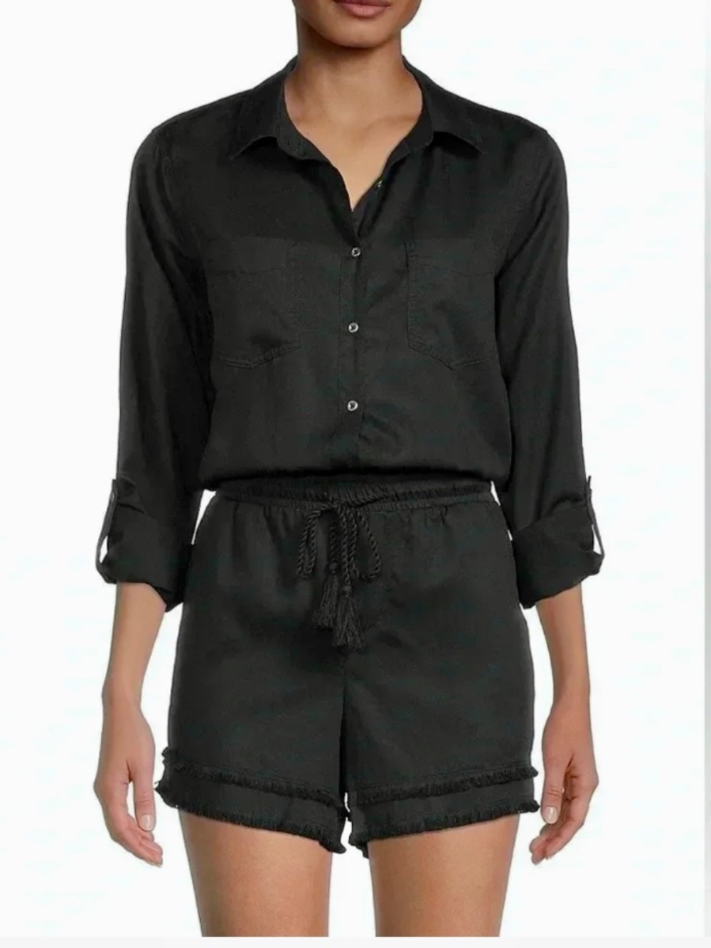 Saks Fifth Avenue Black Frayed Shirt Romper Size M